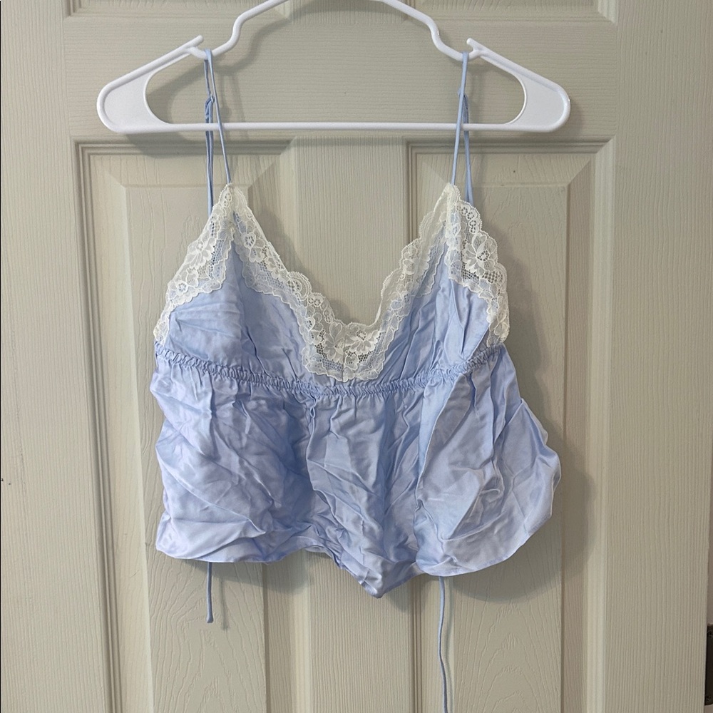 Aerie Light Blue Lace Trim Pajama Top